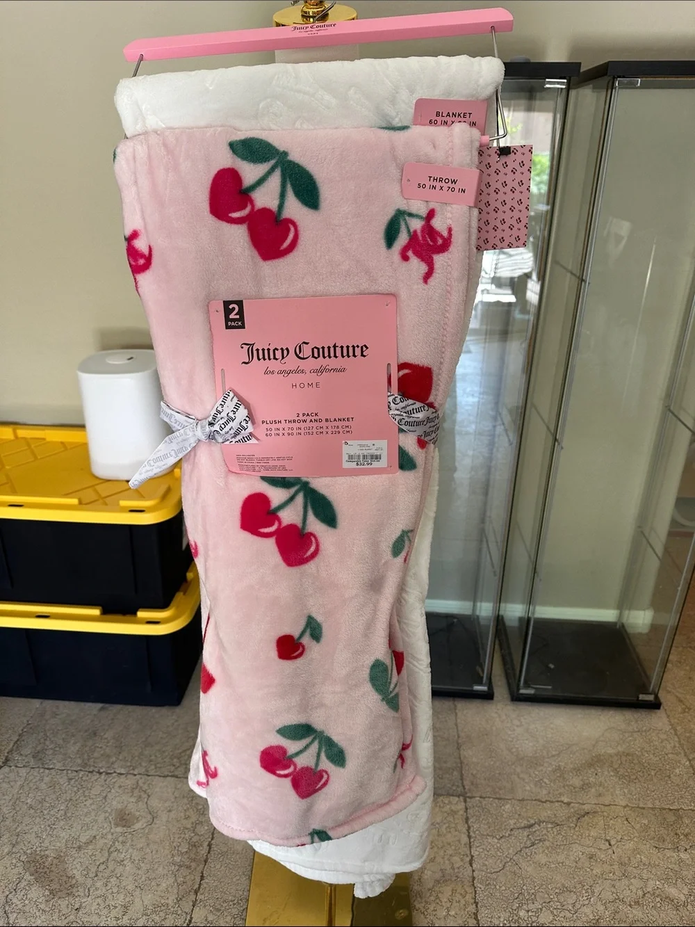 Juicy Couture Pink Cherry Plush and White Embossed Throw Blanket Set